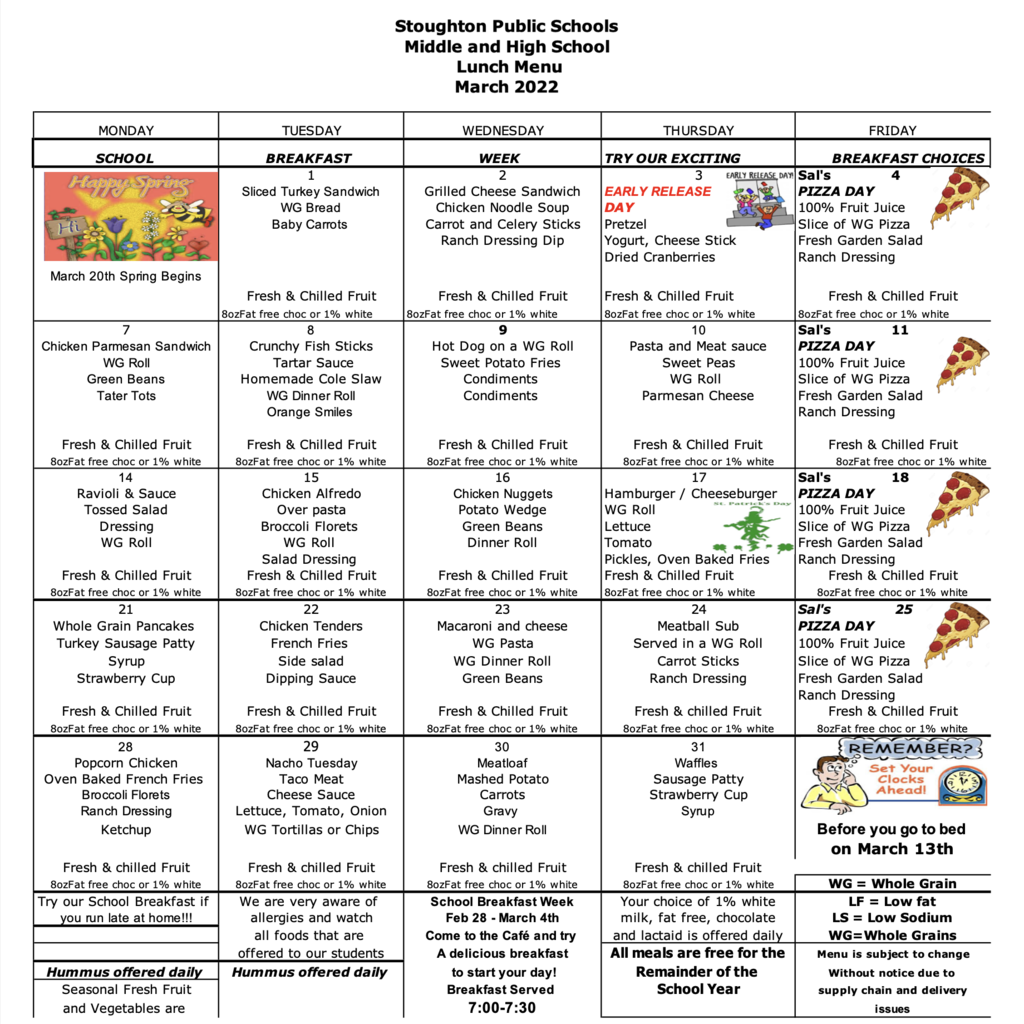 March 2022 SHS/OMS Lunch Menu