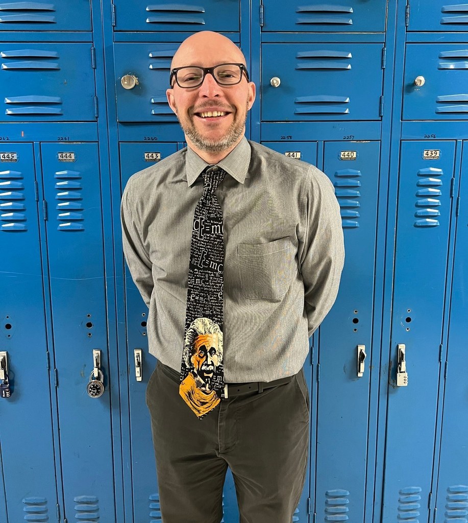 OMS Principal Matt Colantonio wearing an Albert Einstein tie for Einstein's birthday.