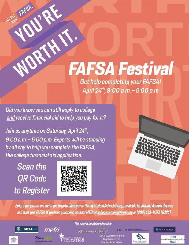 Collegebound Stoughton High School Seniors, you are invited to the FAFSA Festival, sponsored by MEFA (Massachusetts Educational Financing Authority) on Saturday, April 24, 2021 between 9am-5pm. At the Festival, you will receive help completing your FAFSA application for college financial aid. There will be experts standing by all day to answer your FAFSA questions and help you complete the online application one on one. More info is on the flyer and also here.